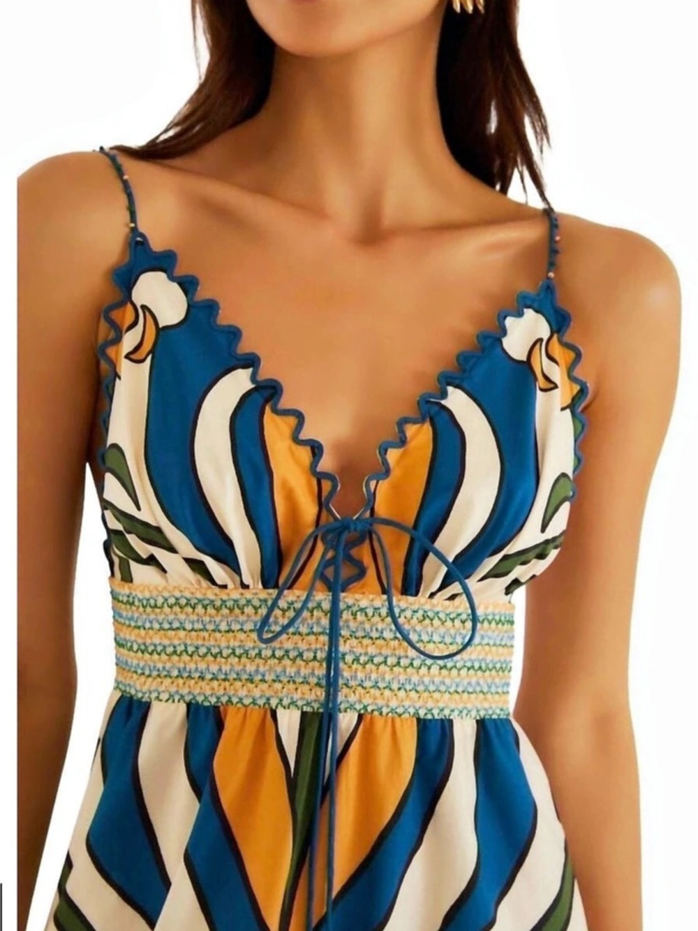 Farm Rio Mixed Rainbow Toucans Midi Dress Blue & Orange - Picture 3 of 5